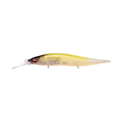 The Megabass Vision 110+1 Jr. Jerkbait, crafted by Megabass, is an expertly designed lure that appeals to fish with its translucent small fish shape. Its body transitions from greenish-yellow to transparent and is accented by a striking red eye and equipped with a silver hook beneath it—ideal for any Bassmaster Classic enthusiast.