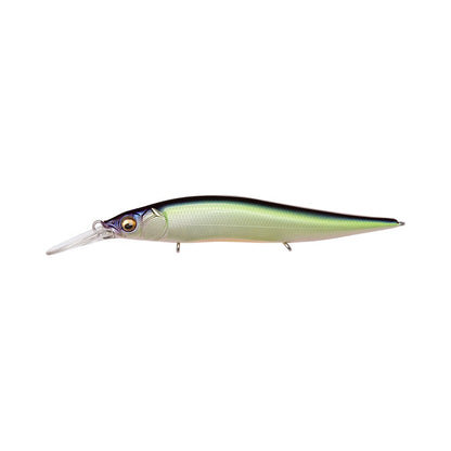 A detailed close-up of the Megabass Vision 110+1 Jr. Jerkbait highlights its sleek, long body adorned with a metallic green and black gradient finish. This lure, featuring lifelike eyes and a clear lip, is perfect for the Bassmaster Classic and is isolated against a white background with its hooks cleverly concealed.