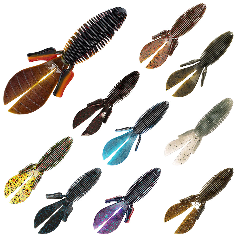 A diverse assortment of soft plastic fishing baits featuring the versatile Missile Baits Baby D Bomb, known for its ribbed bodies, twin tails, and flippers, is elegantly displayed on a white background. Ideal for Texas rigging, these baits come in various colors and textures.