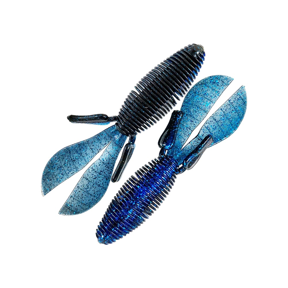 Two Missile Baits D Bomb creature baits, reminiscent of the original design, feature split tails and two side appendages in blue ribbed plastic. Displayed on a white background, these baits showcase a speckled pattern across their ribbed bodies.