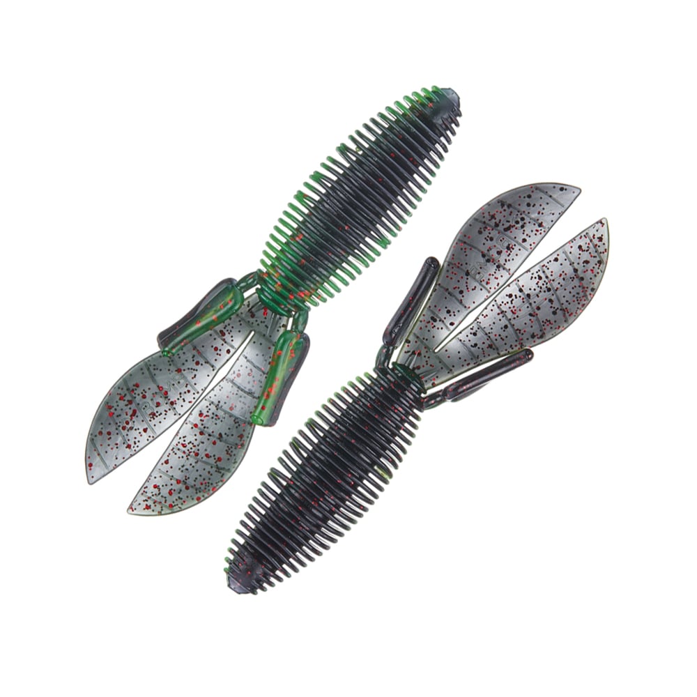 A pair of Missile Baits D Bomb soft plastic fishing lures is displayed on a white background. Designed as creature bait, they feature one in green and the other in translucent gray with red speckles. Each lure has a ribbed body and two claw-like appendages, resembling small creatures or insects, positioned parallel to each other.