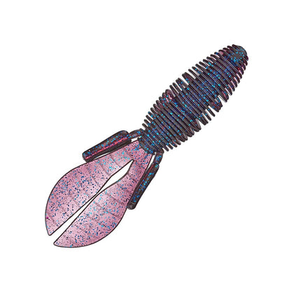 The Missile Baits D Bomb by Missile Baits is a vibrant, segmented soft plastic fishing lure designed as a creature bait, resembling a crawfish. Its ribbed body shimmers with glittery pink and blue hues, ending in two rounded, split tails—ideal for replicating live prey in the water.