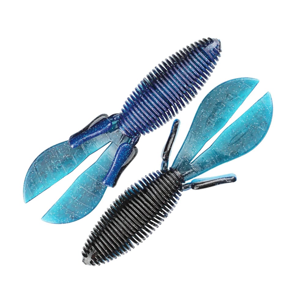 Two Missile Baits D Bomb lures from Missile Baits are blue and made of ribbed plastic, featuring large split tails ideal for pitching and flipping as lifelike creature baits. These lures have textured bodies with glittery finishes to enhance their attraction in the water.