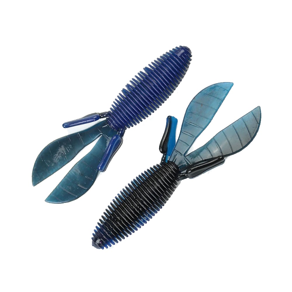 The Missile Baits D Bomb from Missile Baits, featuring a blue and black ribbed body, resembles crayfish. Designed with a segmented body and paddle-like appendages for realistic aquatic movement, it's perfect for pitching and flipping.