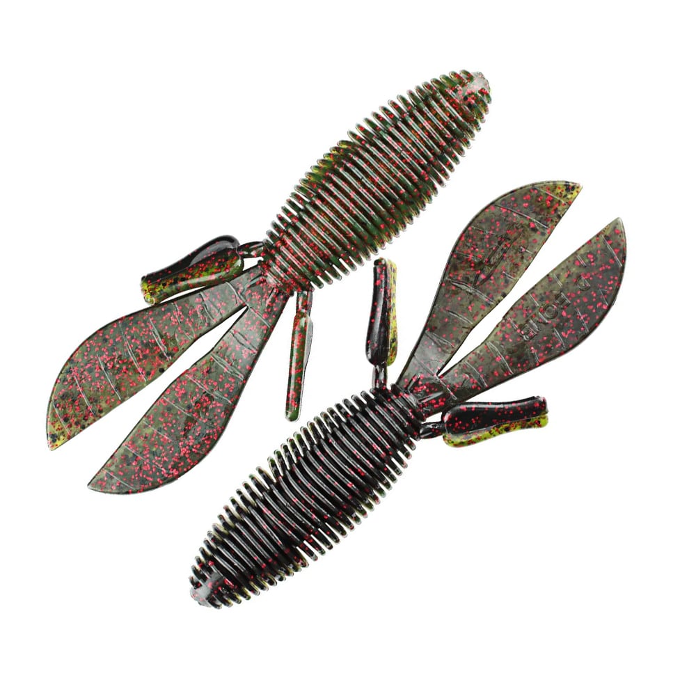 The Missile Baits D Bomb features ribbed creature baits with twin tails and multiple appendages, enhanced by a mottled pattern of green and red flakes. Ideal for pitching and flipping, they're crafted to imitate aquatic prey with exceptional realism.