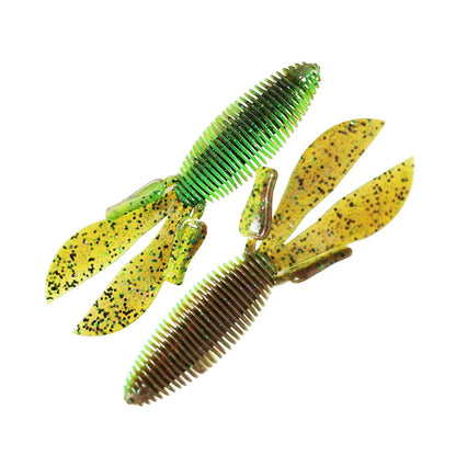 The package includes two Missile Baits D Bomb soft plastic creature baits from Missile Baits, featuring a ribbed body and multiple appendages. One bait is translucent green, while the other is yellow with black speckles. Ideal for pitching and flipping, these baits mimic aquatic creatures to attract fish effortlessly.