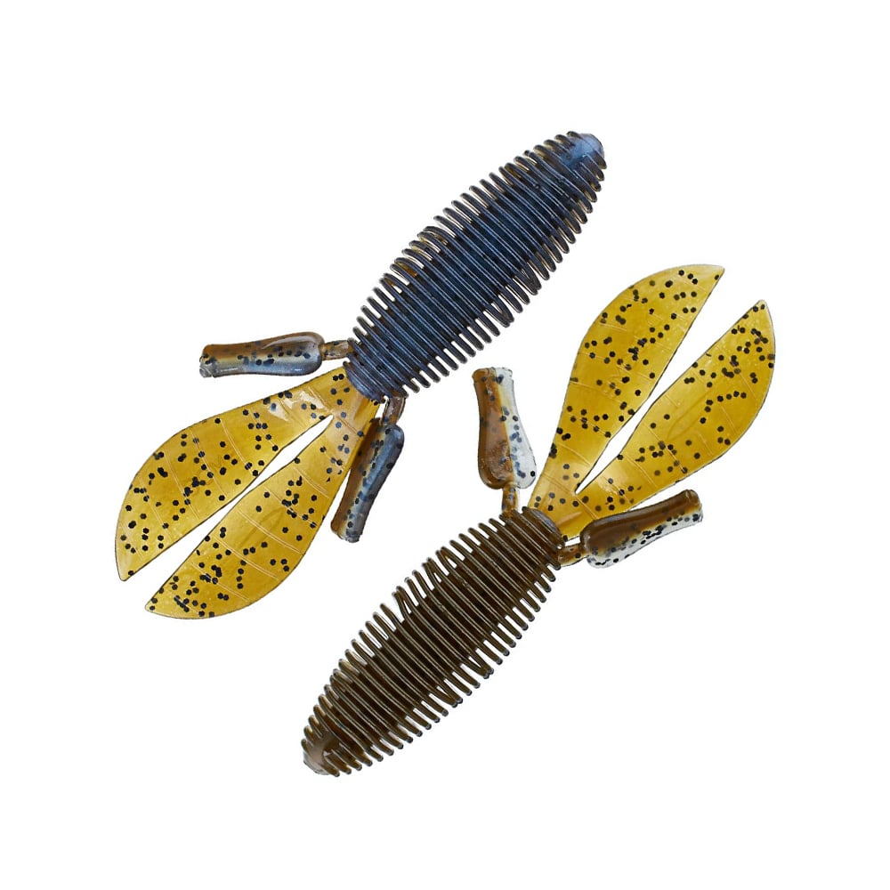 The Missile Baits D Bomb by Missile Baits consists of two plastic creature baits with ribbed bodies and large, leaf-like tails. They feature a color mix of yellow and dark blue with black speckles, making them ideal for pitching and flipping. These lures are displayed oriented in opposite directions on a white background.