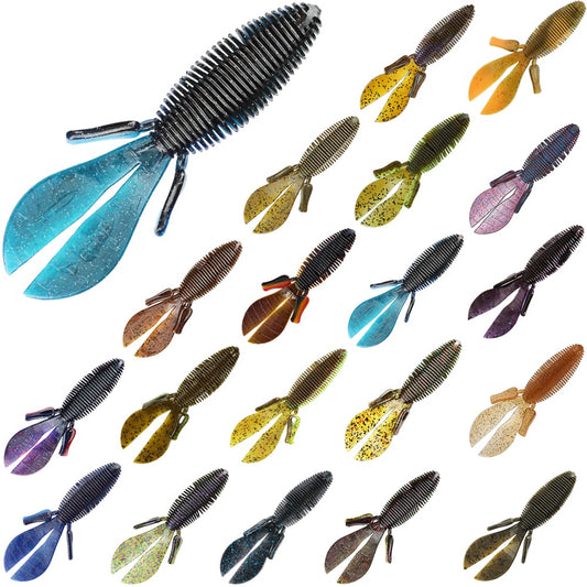 Explore the dynamic range of Missile Baits D Bomb creature bait lures from Missile Baits, ideal for pitching and flipping. These ribbed soft plastics feature twin tails, available in colors such as blue, brown, green, and purple. The segmented body with a flared tail on each lure is designed to elevate your fishing adventure.