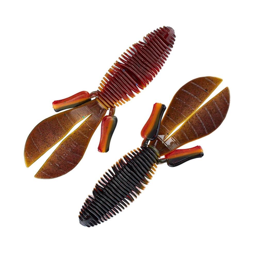 The Missile Baits D Bomb by Missile Baits showcases a ribbed body and large, flat tails that mimic crawfish. Ideal for pitching and flipping, these baits are available in shades of brown, red, and black with translucent, segmented designs.