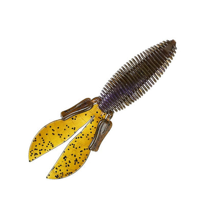 The Missile Baits D Bomb by Missile Baits is a soft plastic fishing lure with a ribbed body and two large, flat, speckled yellow tails, ideal for pitching and flipping techniques.