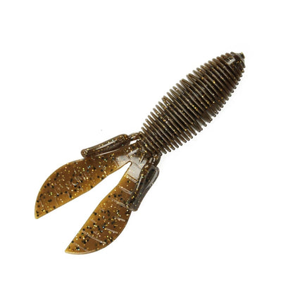 The Missile Baits D Bomb from Missile Baits is a brown and green speckled soft plastic creature bait characterized by its ribbed body and two wide, flat tails, resembling a crawfish or insect, making it ideal for pitching and flipping.