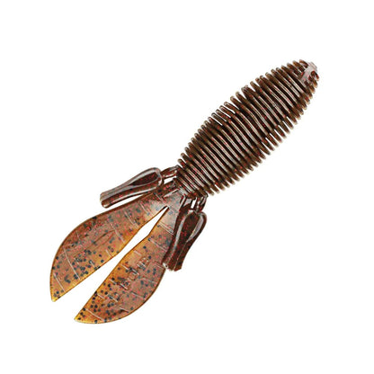 The Missile Baits D Bomb by Missile Baits features a detailed image of a brown ribbed plastic lure with two large, flat tails and two smaller appendages. This specialized ribbed body is crafted for pitching and flipping, expertly mimicking the texture of a crustacean or aquatic creature, making it an exceptional choice for creature bait.