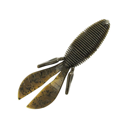 The Missile Baits D Bomb, crafted by Missile Baits, is an ideal lure for pitching and flipping. It features a ribbed body and two flapping appendages that imitate crayfish or insects. Its brown color with dark speckles is expertly designed to attract fish by mimicking irresistible underwater prey.