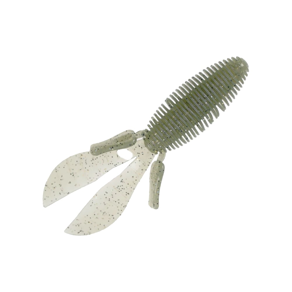 The Missile Baits D Bomb by Missile Baits is a translucent, ribbed plastic bait resembling a crawfish. It has dual flapping appendages and is speckled with black dots. Specifically designed for pitching and flipping, it transitions elegantly from clear to a light green hue.