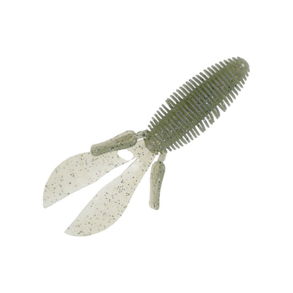 Image of the Missile Baits Baby D Bomb, a soft plastic lure by Missile Baits, featuring a creature-like design with a ribbed body in green and a translucent white tail speckled with black, ideal for Texas rigging.