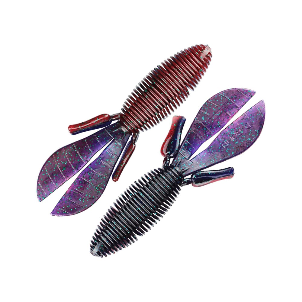 Displayed are two vibrant Missile Baits D Bomb soft creature baits from Missile Baits. Each features a detailed ribbed body and twin tails; one is primarily red, while the other is purple with blue speckles. These baits are ideal for pitching and flipping to effectively mimic aquatic creatures.