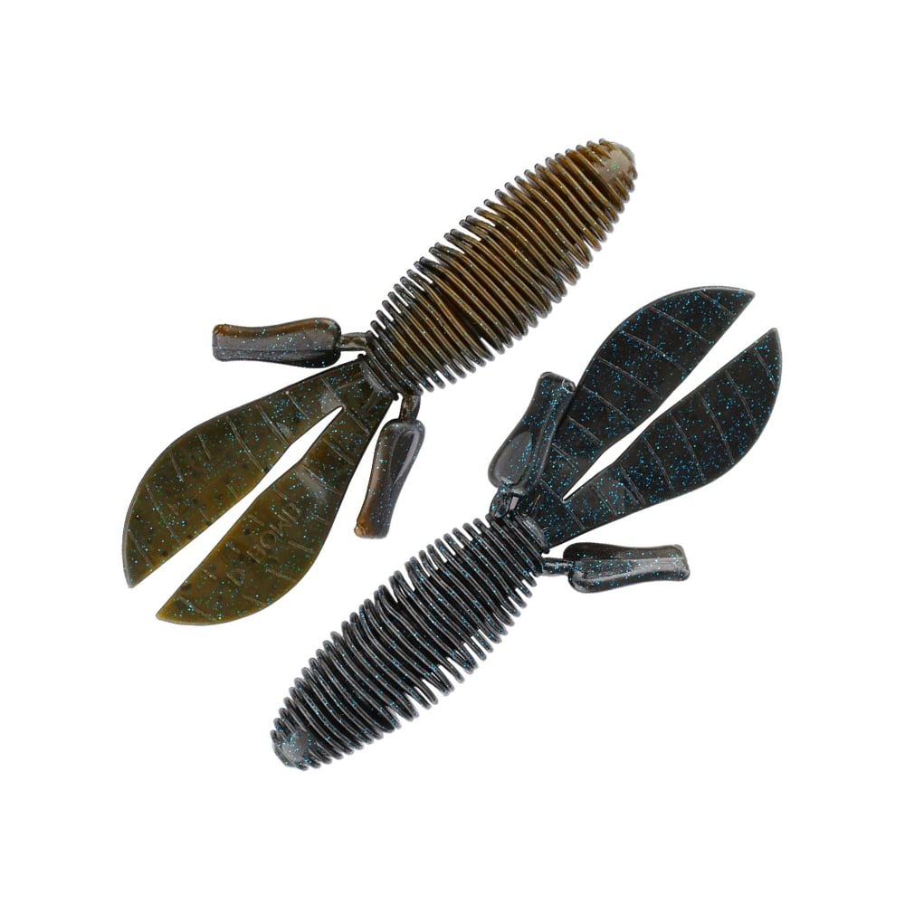 The Missile Baits D Bombs are creature baits featuring ribbed bodies and multiple appendages. One comes in a brown hue while the other is dark blue with specks. Both lures boast elongated shapes with tail-like features, making them ideal for pitching and flipping in heavy cover.