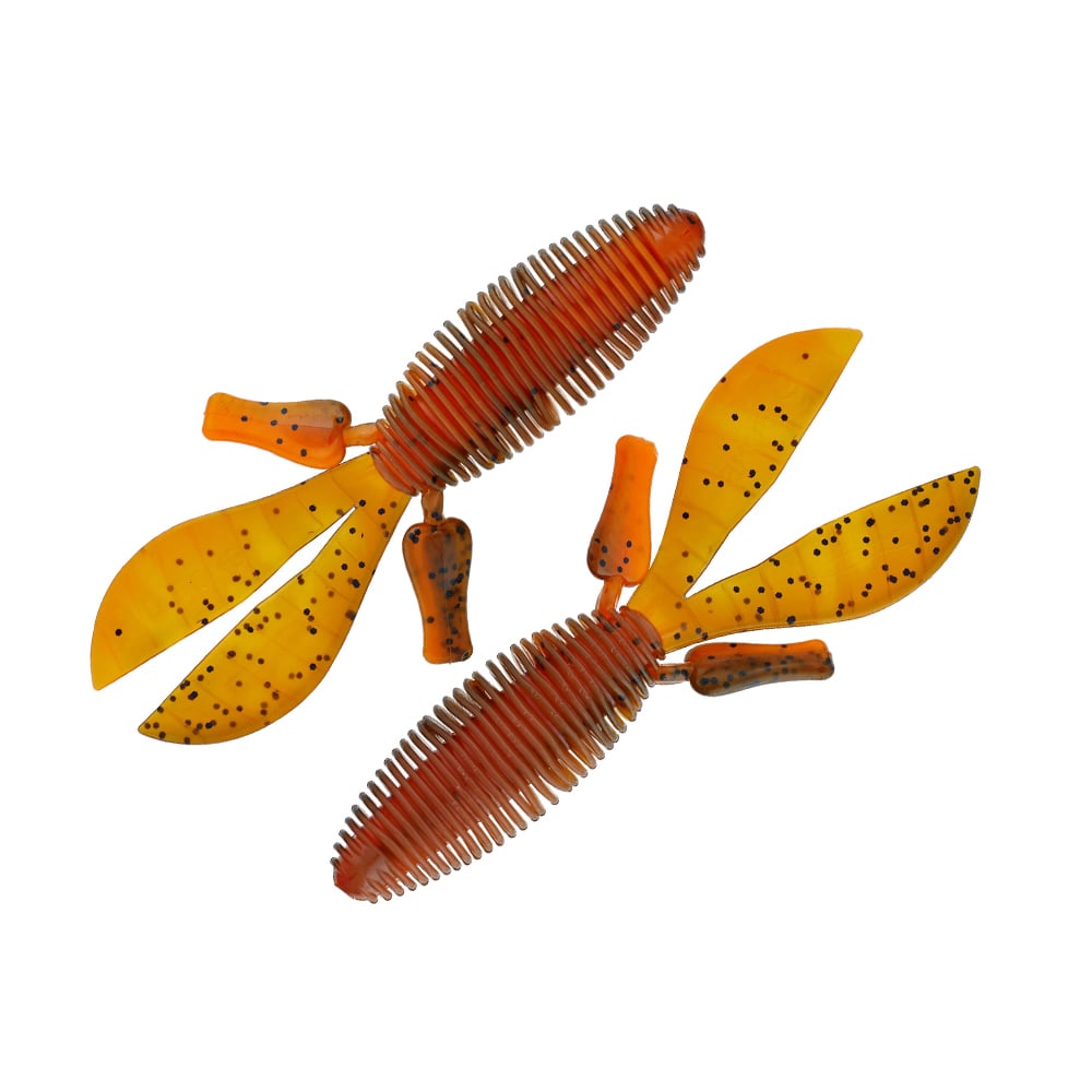 The Missile Baits D Bomb, by Missile Baits, features an elongated, textured design in orange with multiple speckled fins and a ribbed body that resembles small creature bait. Perfect for pitching and flipping, these lures excel at mimicking aquatic creatures against the plain white background that highlights every intricate detail.