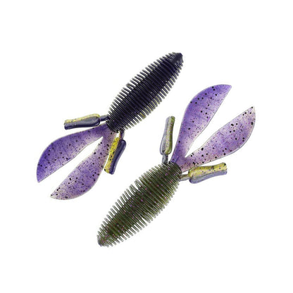 The Missile Baits D Bomb is a pair of plastic fishing lures by Missile Baits featuring ribbed bodies and flat, split tails that capture attention. Each creature bait includes two small appendages on the sides, enhancing its lifelike appeal. They are available in dark green and translucent purple shades with black speckles.