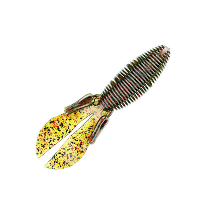 A close-up of a Missile Baits D Bomb fishing lure, featuring a green and yellow speckled ribbed body and two paddle-like tails, set against a white background.