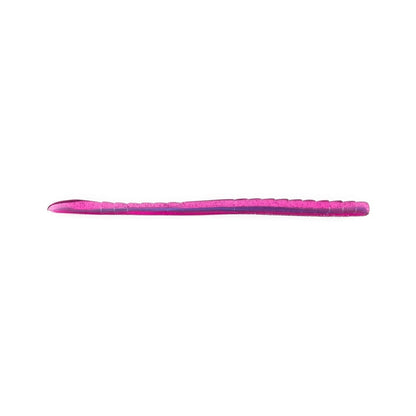 The Missile Baits Magic Worm by Missile Baits is a bright pink fishing lure featuring a segmented, textured surface. This finesse worm tapers to a point at one end, offering a straight and elongated design suitable for various rigging options.