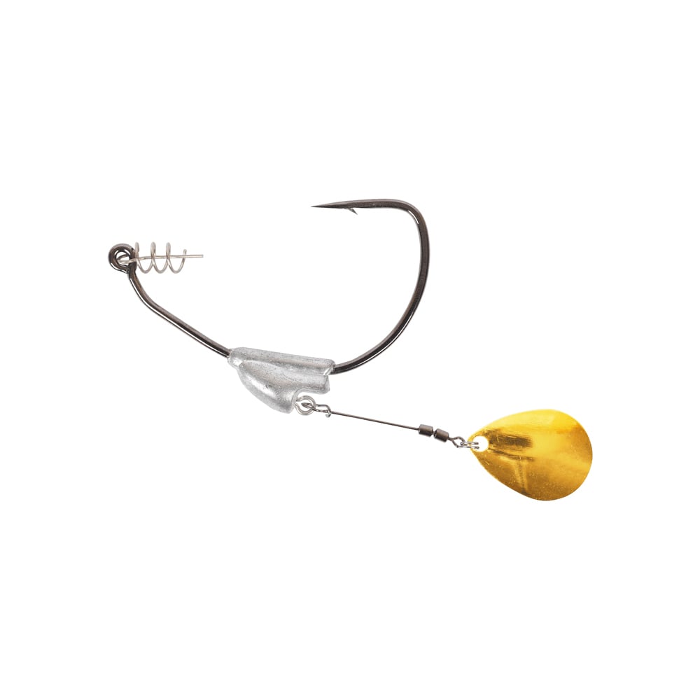 The Owner Beast Flashy Swimmer Colorado Blade from the brand Owner features a metallic hook, silver coil, and a gold teardrop-shaped blade with a Colorado Blade design attached by wire to imitate prey movements and attract fish effectively.