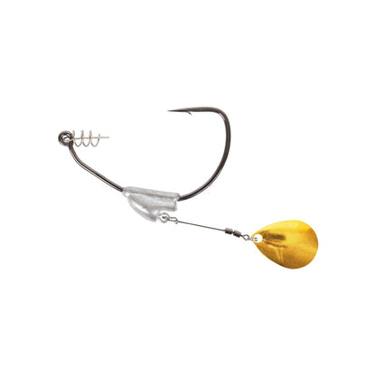 The Owner Beast Flashy Swimmer Colorado Blade from the brand Owner features a metallic hook, silver coil, and a gold teardrop-shaped blade with a Colorado Blade design attached by wire to imitate prey movements and attract fish effectively.