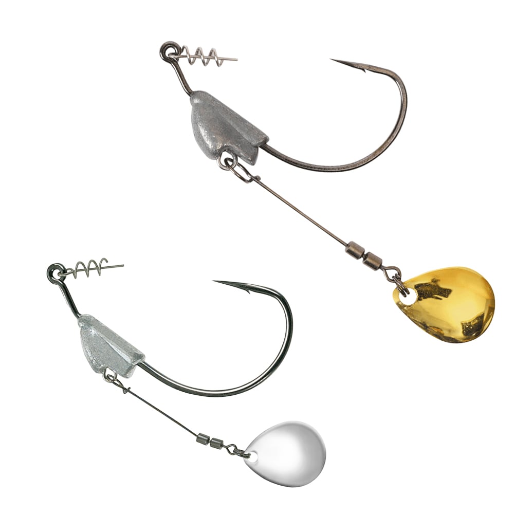 The Owner Flashy Swimmer Colorado Blade includes two fishing hooks with metal spinners; the top features a silver blade, and the bottom has a gold Colorado Blade. Both include TwistLOCK Centering-Pin Spring attachments for bait.