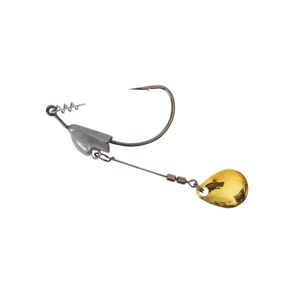 Displayed against a white background is the Owner Flashy Swimmer Colorado Blade by Owner, featuring a silver metallic head, coiled wire for bait, and a dangling yellow teardrop-shaped lure with a Colorado Blade.