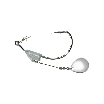 The Owner Flashy Swimmer Colorado Blade by Owner features a fishing hook with a metallic, glossy design, an attached silver spinner blade and Colorado Blade, plus a TwistLOCK Centering-Pin Spring for secure bait attachment to effectively entice fish.