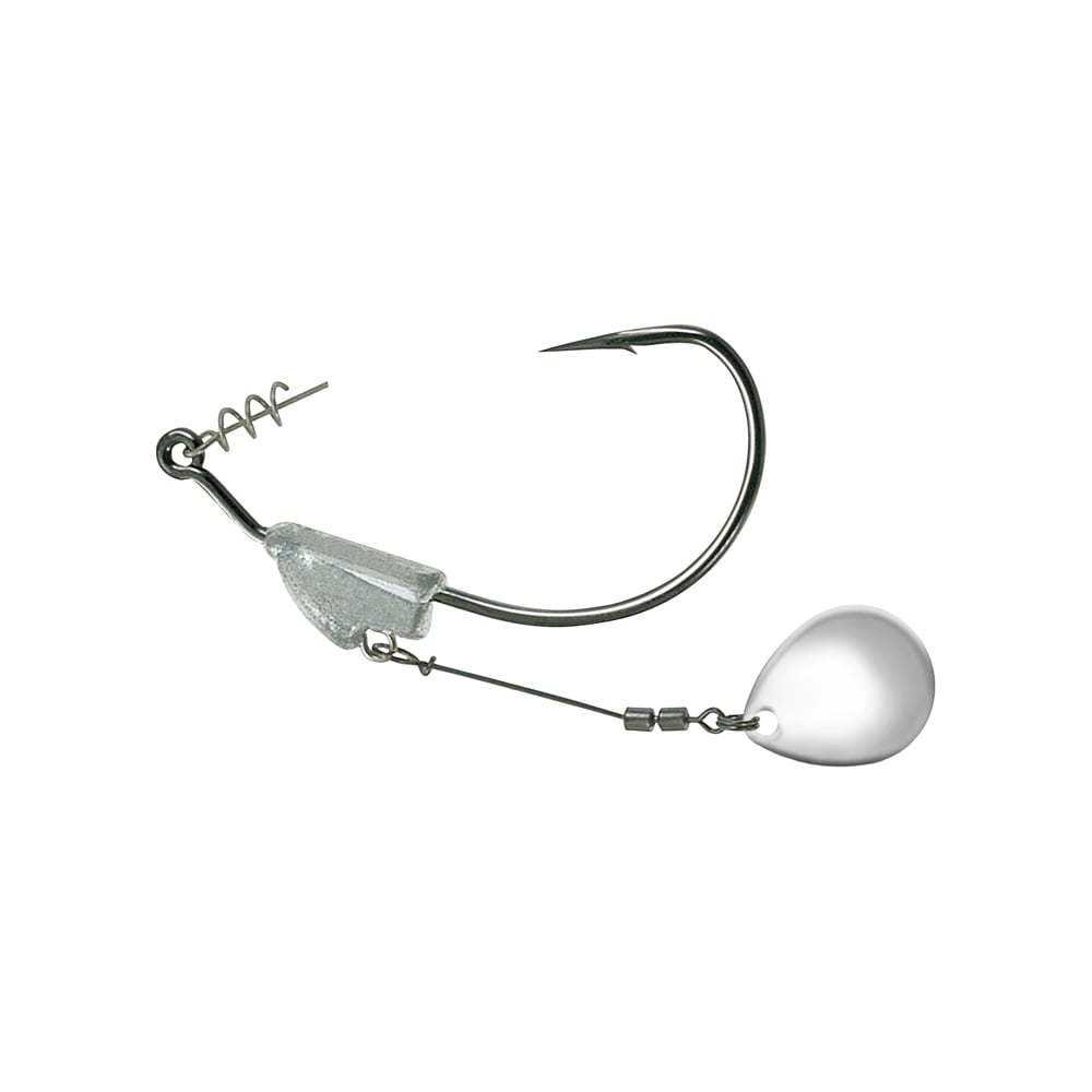 Close-up of an Owner Flashy Swimmer Colorado Blade fishing hook, with a shiny silver finish and a TwistLOCK Centering-Pin Spring near the eye. It includes a teardrop-shaped weight on a swivel below the shaft, designed for bait attachment and enhanced casting distance.