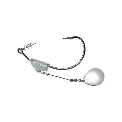 The Owner Flashy Swimmer Colorado Blade features a silver metallic hook with a clear teardrop weight, a TwistLOCK Centering-Pin Spring for bait security, and a curved hook that enhances attraction in water.