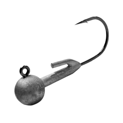 A black and white image of the Owner Round Head with Lockdown Keeper by Owner, highlighting its sleek black chrome finish. This fishing jig head hook features a round weight near the eyelet and a sharp, curved point, ideal for attaching swimbaits or other bait heads.