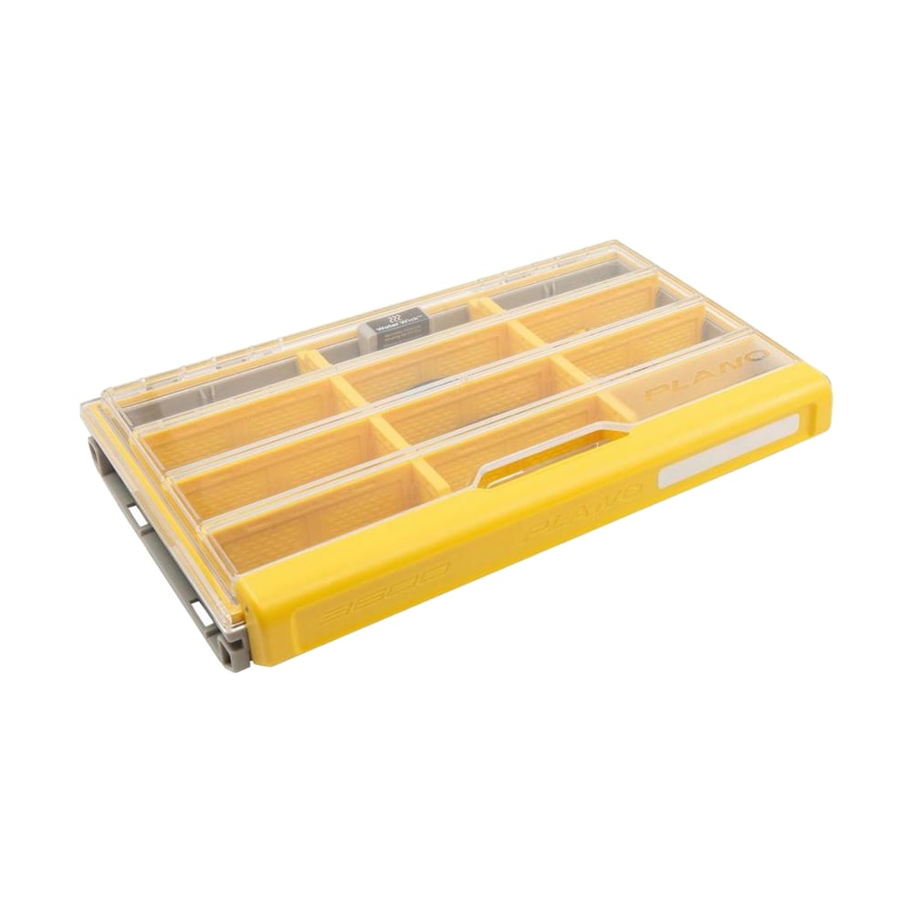 The Plano Edge Flex 3600 Box (PLASE366) by Plano is a yellow organizer with a transparent lid and multiple compartments. It features a side handle and label area, perfect for efficiently storing fishing tackle or craft supplies.