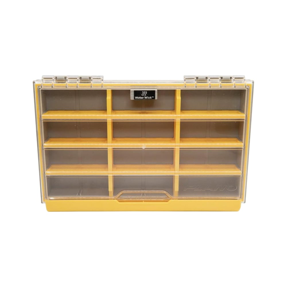 The Plano Edge Flex 3600 Box, model PLASE366, is a versatile yellow plastic organizer with a transparent lid and grid-patterned compartments, ideal for small items. It has a top handle for easy portability, functioning like a tackle box.