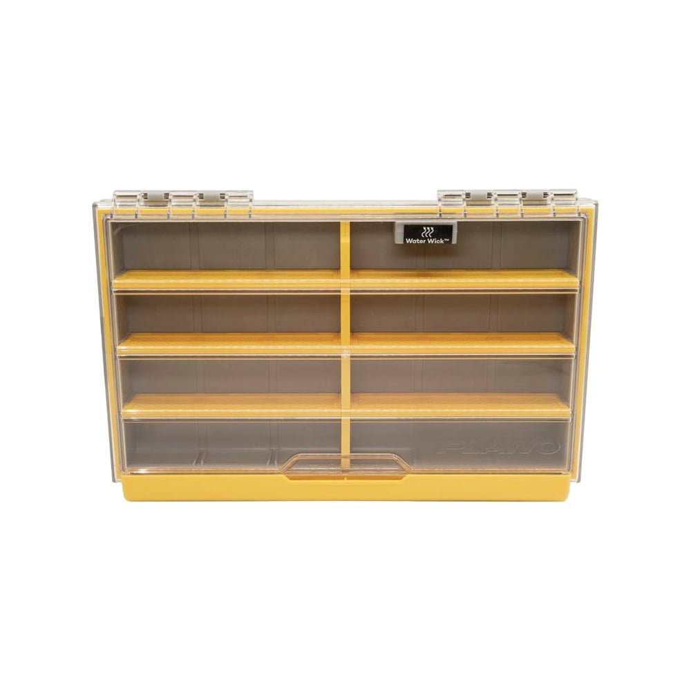 The Plano Edge Flex 3600 Box (Product PLASE366) by Plano is a clear plastic storage box with a yellow base, eight rectangular compartments in two columns and four rows, and a secure lid and bottom latch. Ideal for organizing small items.