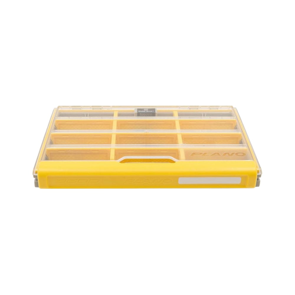 The Plano Edge Flex 3600 Box | PLASE366 is a yellow, transparent organizer with multiple compartments that's partially open. It's designed for versatile storage of small tools or accessories and features the Plano brand prominently on the front.