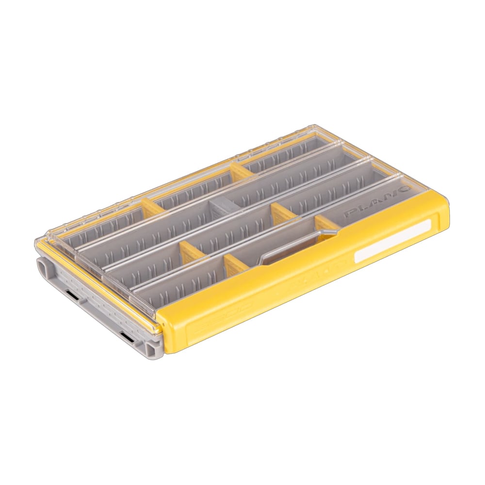 The Plano Edge 3600 STD Box | PLASE360 is a transparent plastic storage solution with a yellow handle, perfect for organizing small items like tools or craft supplies. This versatile, waterproof tackle box features multiple empty compartments, ideal for any enthusiast.