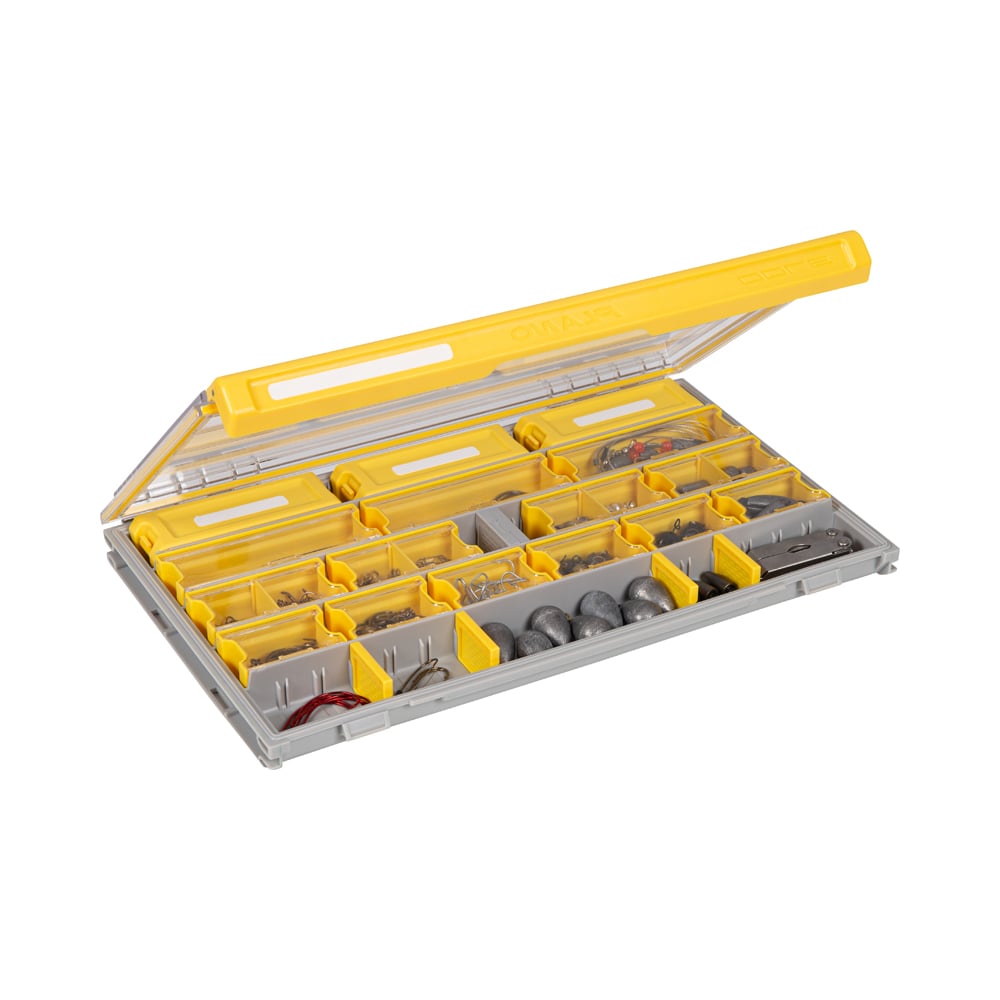 The Plano Edge 3700 Terminal Box (PLASE400) is a tackle storage system with an open plastic organizer, complete with a yellow handle, designed for neatly storing small components such as nuts, bolts, and hooks. Its multiple compartments help keep items well-organized, making it an essential piece in the innovative EDGE series by Plano.