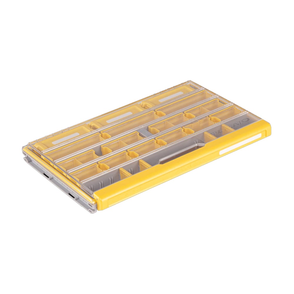 Introducing the Plano Edge 3700 Terminal Box | PLASE400, featuring a transparent organizer with a yellow frame, perfect for your tackle storage system. This versatile model from Plano's EDGE Series offers multiple adjustable compartments visible through the clear lid, making it ideal for storing beads, screws, or craft supplies.