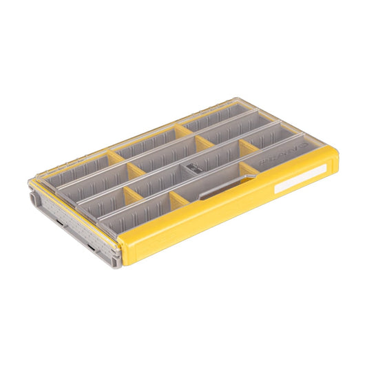 The Plano Edge 3700 STD Box (PLASE370) by Plano is a transparent rectangular plastic organizer with a yellow frame. It offers multiple compartments for tackle storage, dividers for neat separation, a hinged lid for easy access, and rust-preventative protection to keep gear in top condition.