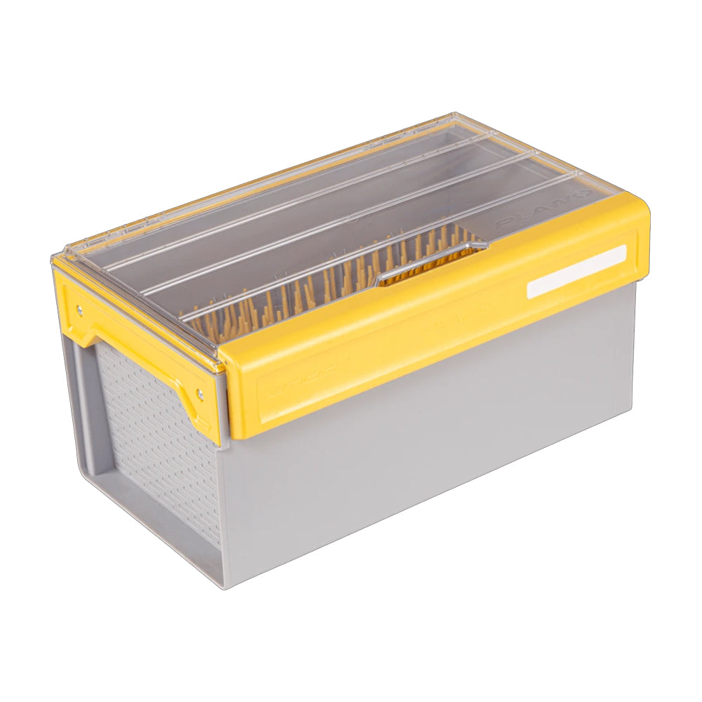 The Plano Edge Crankbait XL Box | PLASE503 from the EDGE series is a rectangular tackle storage solution with a transparent lid, gray body, yellow latch, and two handles. The perforated lid ensures optimal efficiency for storing tackle.