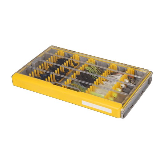 The Plano Edge Jig/Bladed Jig Box | PLASE600, by Plano, is a yellow tackle box with a transparent lid, perfect for organizing fishing lures and hooks in neat compartments.