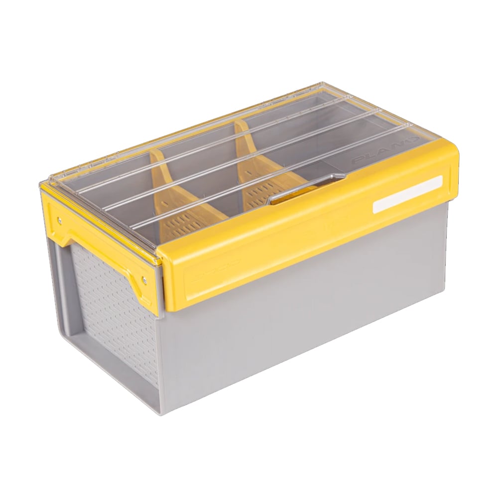 Meet the Plano Edge Plastics Box (PLASE800) by Plano, featuring a clear lid and bold yellow edge. With textured gray sides and dividers to organize your gear, its handle on the lid makes transport easy for any angler heading to their favorite fishing spot.