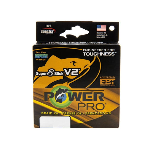 A package of Power Pro Super 8 Slick V2 Braided Line displays a stylish black and yellow design, adorned with logos for Spectra, ICAST Winner, and Made in the USA. Boasting claims of being "Engineered for Toughness" and "Powered by EBT," it promises abrasion toughness for all your fishing adventures.