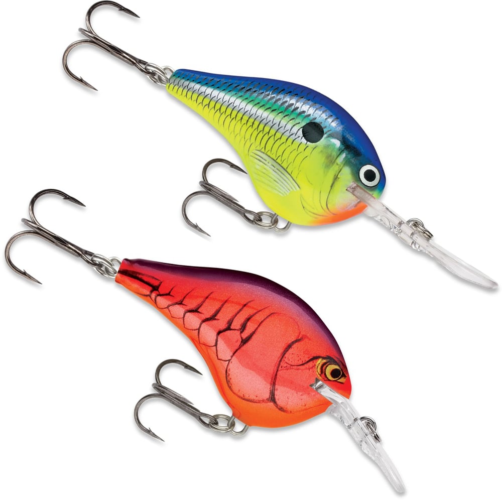 Two fishing lures featuring treble hooks. The upper lure displays a blue, green, and yellow color scheme with a scale pattern and a distinctive black spot. The lower lure showcases red and orange hues with a fish scale pattern. Both lures offer crankbait action and are equipped with clear plastic lips for diving, reflecting the characteristics of the Rapala DT Series Crankbaits by Rapala.