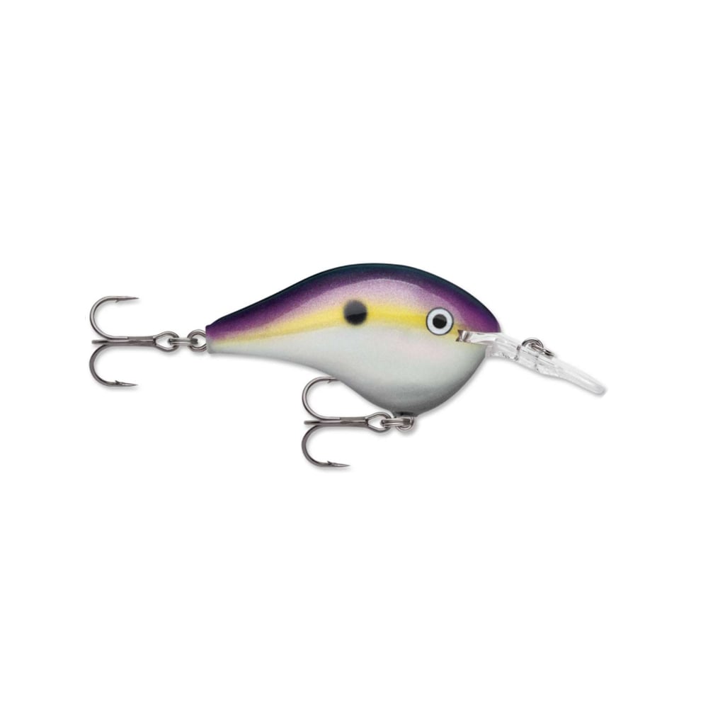 The Rapala DT Series Crankbaits, crafted by Rapala, feature a fish-shaped balsa wood body with a distinctive purple-to-yellow gradient on the top and a white underside. It is outfitted with two treble hooks underneath and a clear plastic bill at the front, making it ideal for deep diving adventures.