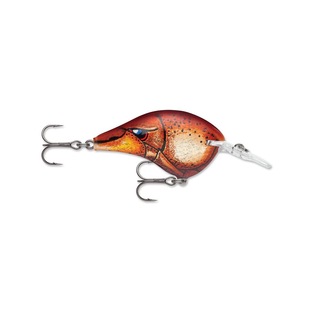 The Rapala DT Series Crankbaits by Rapala is a vibrant fishing lure crafted from balsa wood, designed to resemble a small fish with a detailed orange and brown pattern. Featuring two treble hooks and a transparent lip, this lure delivers the precise crankbait action that defines the DT Series.