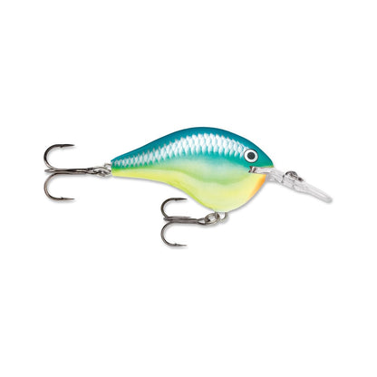 The Rapala DT Series Crankbaits from Rapala is a fishing lure featuring a blue and green gradient body, a silver scale pattern, and a bright yellow underside. It comes equipped with two treble hooks and a transparent diving lip. Crafted from balsa wood, this lure boasts a realistic fish shape and crankbait action.