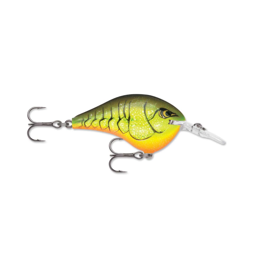 The Rapala DT Series Crankbaits by Rapala feature a lively green and yellow design with black stripes and a vivid orange underbelly that resembles a real fish. Engineered for deep diving, it is equipped with two treble hooks and a clear plastic diving lip to enhance fishing performance.